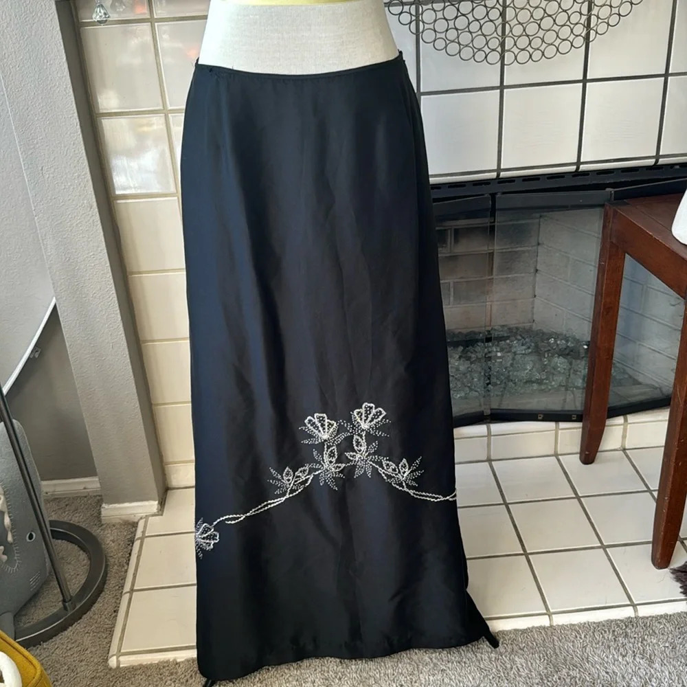 Ann Taylor pure black silk beaded maxi skirt size 8 with a train